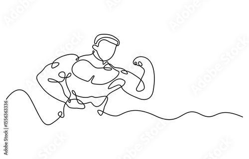 Arm shows bicep fist. Man's hand shows a fist on the biceps in line style. shows bicep continuous one line vector drawing. man bodybuilder pose charmingly vector illustration.