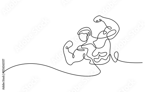 Arm shows bicep fist. Man's hand shows a fist on the biceps in line style. shows bicep continuous one line vector drawing. man bodybuilder pose charmingly vector illustration.