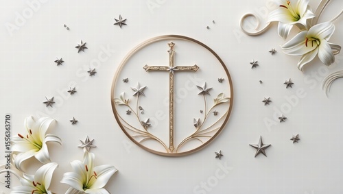 Christian cross surrounded by white lilies and silver stars on background  