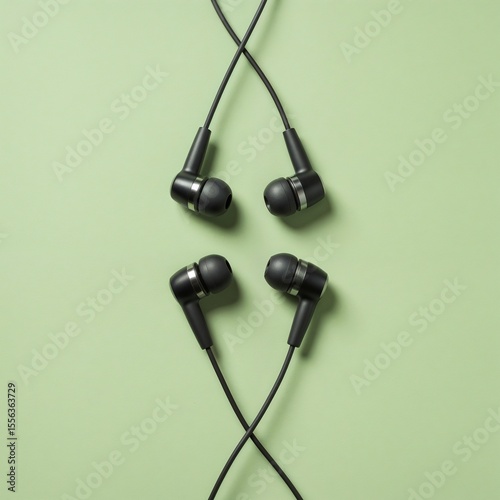 Black wired earphones on a green background for music listening