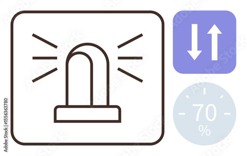Emergency light emitting beams, blue arrow icon showing up and down movement, circular gauge displaying 70. Ideal for alert system, emergency, warning, direction, percentage, control panel simple