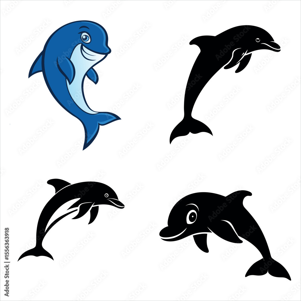 Naklejka premium Dolphin Vector Graphic Collection Playful Blue Cartoon and Sleek Black Silhouettes Marine Mammals in Dynamic Poses
