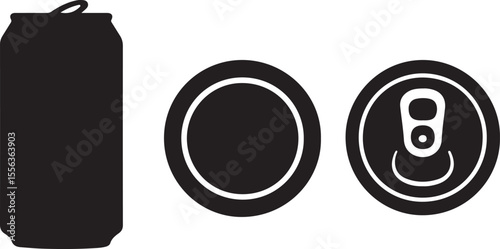 Aluminum soda can silhouette of icons set front, top and bottom views vector art illustration
