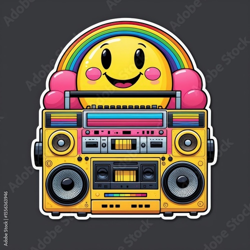 Retro sticker: 1980s cartoon boombox and a yellow cassette in the cassette recorder slot. Bright, playful illustration for nostalgic and music-themed projects.