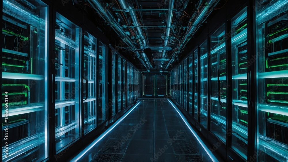 Fototapeta premium Advanced Data Center Features High-Tech Servers With Glowing Lights in a Modern Facility, Showcasing Cutting-Edge Technology and Efficient Infrastructure