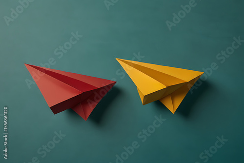 An origami paper boat floats simply on a blue ocean beach, a symbol of travel and imaginative voyages.