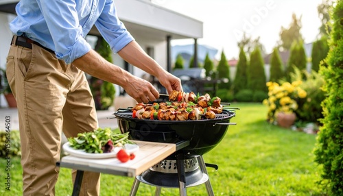 Man Grilling Chicken Outdoors In Backyard Garden