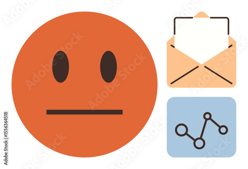 Neutral face emotion next to open envelope and analytics chart. Ideal for communication, feedback, reporting, messaging, data analysis, email interactions, simple flat metaphor