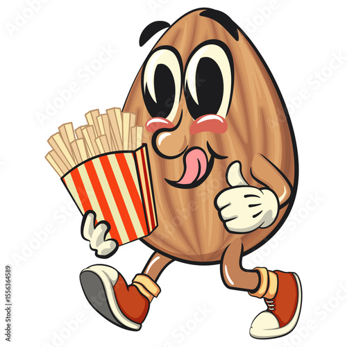 cute almond mascot cartoon vector illustration brought a box of french fries, isolated nut character for healthy food branding, packaging, and snack advertisement, work of hand drawn