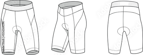 Cycling shorts front side back view, cad drawing flat vector illustration, padded seat design, ergonomic panel layout, technical apparel sketch