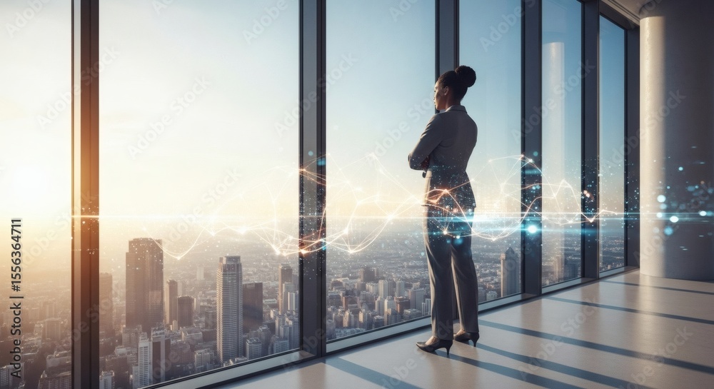 Fototapeta premium Confident Businesswoman Looking at City Skyline, Planning Future Success