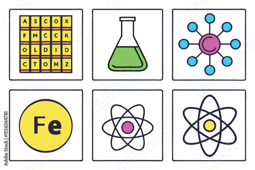 Six Color Vector Science Icons Set Periodic Table Erlenmeyer Flask Atom
