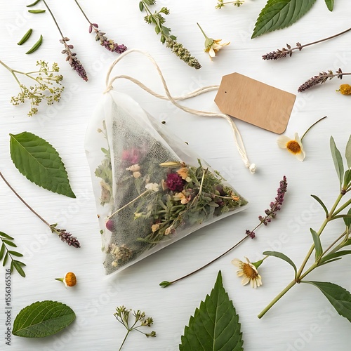 Herbal tea bag with dried flowers and leaves dried leaves