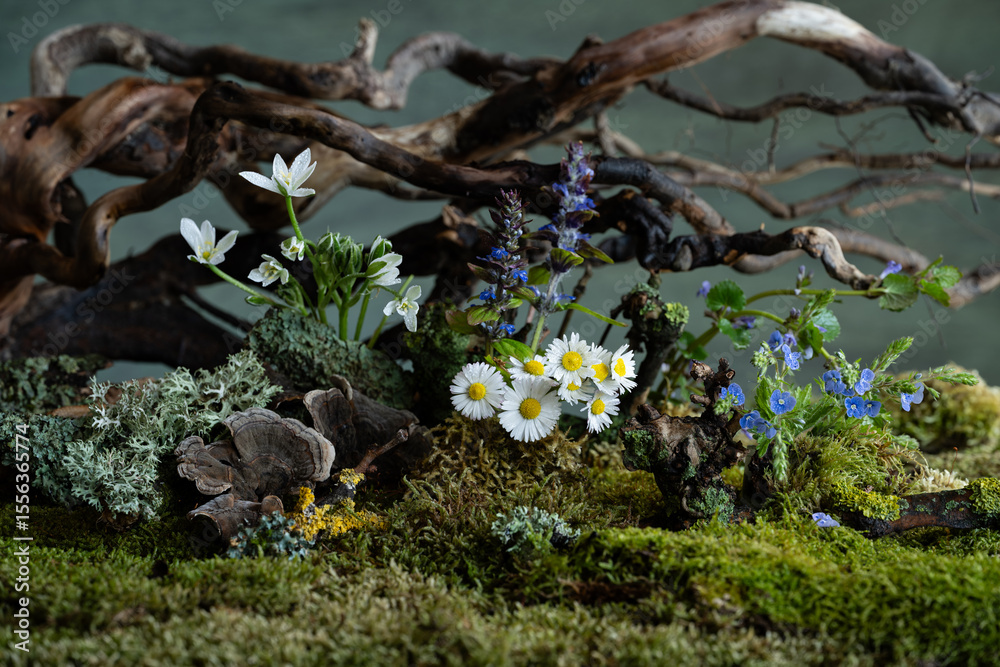 Naklejka premium Fresh and delicate Ornithogalum blooms alongside other spring flowers in a mystical and enigmatic atmosphere. Soft petals and ethereal hues evoke purity and quiet wonder