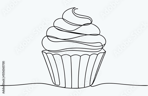 cupcake line drawing, cupcake with cherry drawn in one continuous line in color. Single line drawing, minimalism, Doodle graphic art vector illustration 