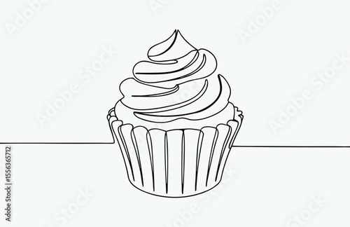 cupcake line drawing, cupcake with cherry drawn in one continuous line in color. Single line drawing, minimalism, Doodle graphic art vector illustration 