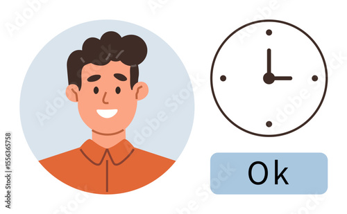 Headshot of smiling man paired with simple clock showing time and an Ok label. Ideal for time management, punctuality, user feedback, scheduling, approvals, productivity, and simplicity-focused