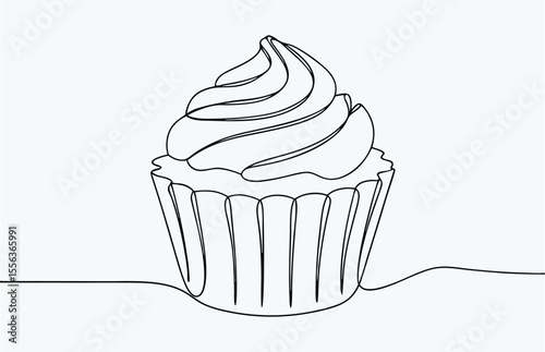 cupcake line drawing, cupcake with cherry drawn in one continuous line in color. Single line drawing, minimalism, Doodle graphic art vector illustration 