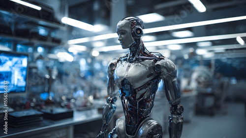 Futuristic Humanoid Robot in High-Tech Laboratory