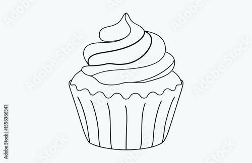 cupcake line drawing, cupcake with cherry drawn in one continuous line in color. Single line drawing, minimalism, Doodle graphic art vector illustration 