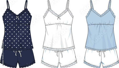 Women’s lace-trim camisole sleepwear set front and back, cad drawing flat vector illustration, bow detail, polka dot, shorts sketch