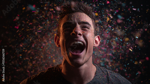 surprised, emotion, asian woman, reaction, pointing, marketing, expression, portrait, face, people, confetti, celebration, joy, happiness, excitement, man, male, young, adult, person, feelings, shout,