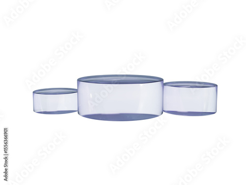 Set of 3d glass transparent clear light blue cylinder stand podium on transparent background. Crystal cylinder mockup, pedestal platform for product showcase.
