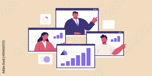 Diverse team collaborating on business growth charts during a virtual meeting