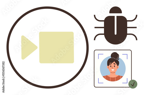 Video play button, bug as malware indicator, and verified user ID image. Ideal for technology, cybersecurity, digital media, hacking prevention, online safety, authentication simple flat metaphor