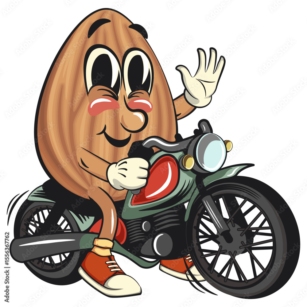 Fototapeta premium cute almond mascot cartoon vector illustration riding a big motorcycle, isolated nut character for healthy food branding, packaging, and snack advertisement, work of hand drawn
