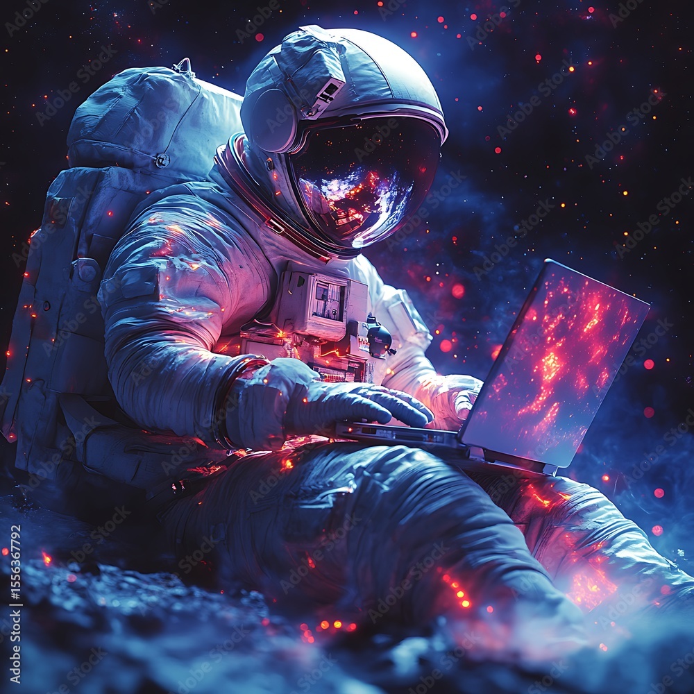 Obraz premium An astronaut using a laptop in outer space with a futuristic design photo