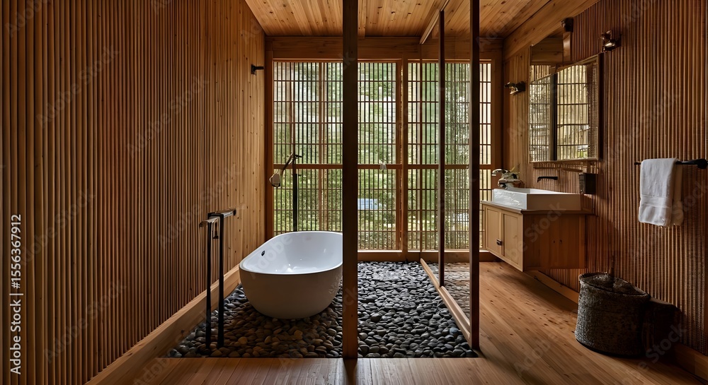 Fototapeta premium Japandi bathroom with wood elements and stone accents.jpg