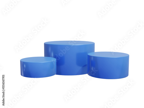 Set of 3d blue plastic cylinder stand podium on transparent background. Glossy cylinder mockup, pedestal platform for product showcase.