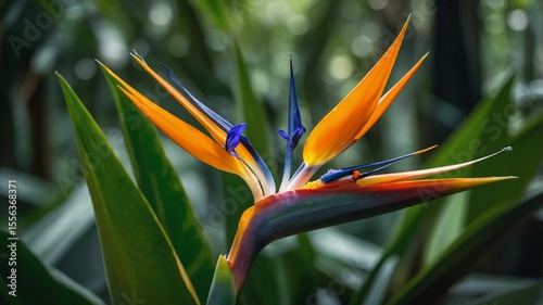 Vibrant Bird of Paradise Flower in a Lush Tropical Garden Showcasing Its Striking Colors and Intricate Structure During Daylight Hours