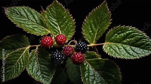 Fruits Growing on a Thorny Branch of a Blackberry Plant Against a Dark Backdrop Showcasing Rich Green Foliage and Ripe Berries
