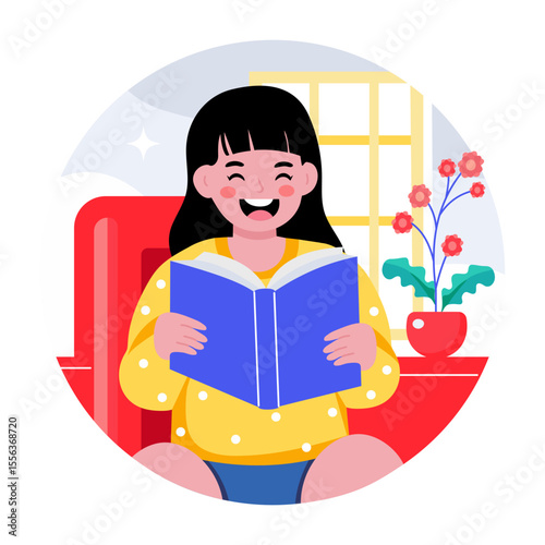 A flat style illustration showing a girl reading book