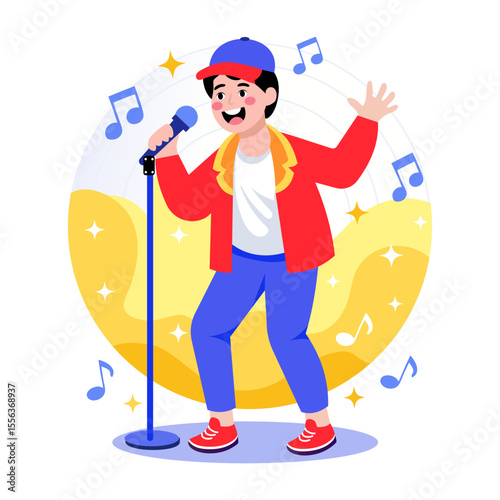 A flat style illustration showing a boy enjoying karaoke