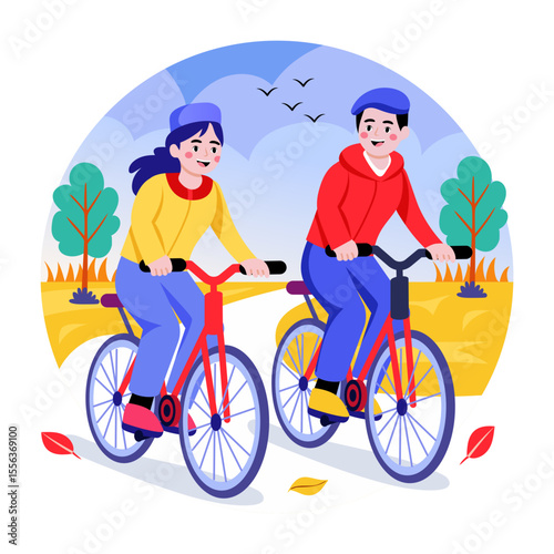 A flat style illustration showing two friends cycling