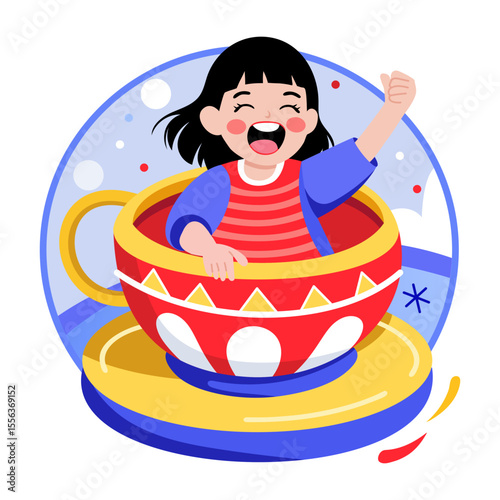 A flat style illustration showing a kid enjoying mug ride