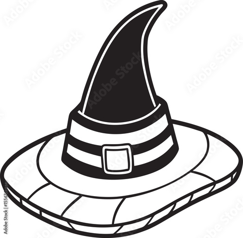 Black and white outline drawing of a classic pointed witch hat with a buckle.