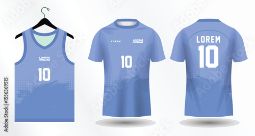 Set of three blue sports jerseys with number ten and abstract design elements