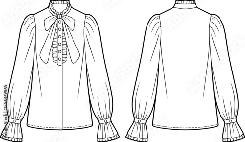 Elegant Blouse Design: High Neck with Bow Detail and Puffed Sleeves Illustration