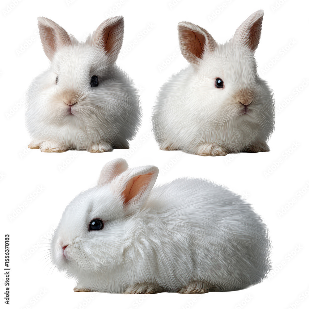 Obraz premium Three adorable fluffy white baby bunnies in different poses isolated on transparent background