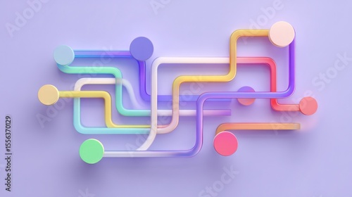 Pastel abstract network diagram with colorful pipes and circles illustration
