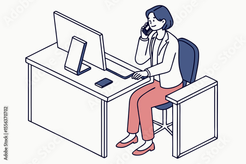 Businesswoman on phone and computer, ideal for multitasking, communication, or modern work lifestyle ads.