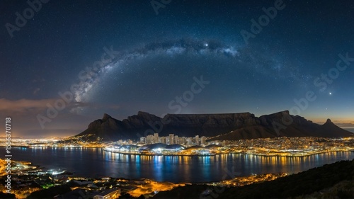 Nighttime View of Cape Town With Illuminated Skyline and Starry Sky Over Table Mountain Reflecting in the Harbor Water, Creating a Stunning Cityscape
