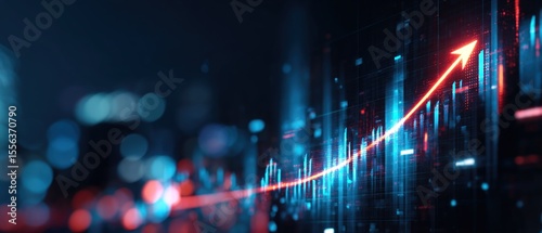 Stock market growth chart with rising arrow and financial data visualization