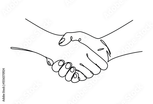 A simple black and white line drawing of two hands shaking in a handshake gesture
