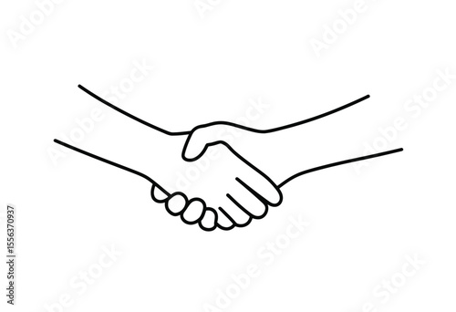 A simple black and white line drawing of two hands shaking in a handshake gesture
