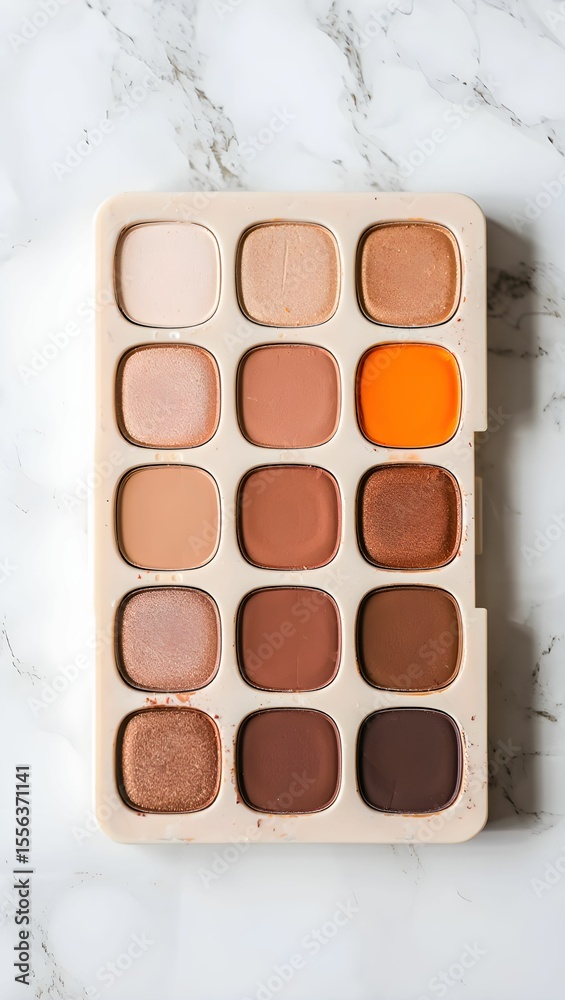 Fototapeta premium Neutral and warm toned eyeshadow palette with a vibrant orange shade on a marble background
